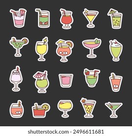 Refreshing cocktail. Sticker Bookmark. Summer drink in a glass. Hand style. Vector drawing. Collection of design elements.