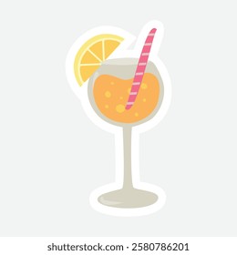Refreshing Cocktail Sticker - Vector Illustration. Vibrant vector sticker of a cocktail with a lemon slice and striped straw. Ideal for summer themes, party invitations, and beverage branding