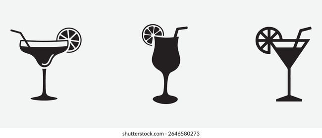 Refreshing Cocktail Summer Drink Set of Silhouette Vector Style on White Background