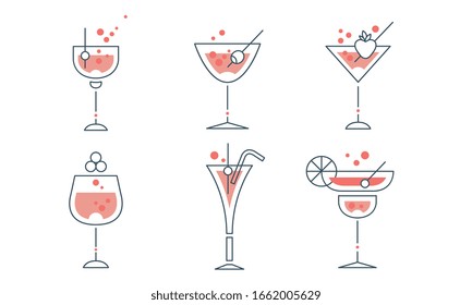 Refreshing Cocktails Collection, Alcohol Drinks Lined Signs Vector Illustration on White Background