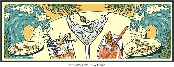 Refreshing cocktails with ice and fruit are splashing under palm trees by stylized ocean waves, evoking a summer beach vacation vibe with a vintage touch