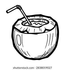 A refreshing coconut beverage served in a natural coconut shell with a straw, perfect for tropical and summer themes.
