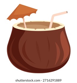 Cóctel de coco refrescante con un paraguas en miniatura y paja, que evoca un paraíso tropical