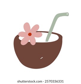 Refreshing coconut drink garnished with a flower and a straw in a hand drawn style vector illustration