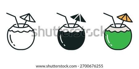 Refreshing coconut drink icons, inviting summer vibes with straw and umbrella, perfect for travel, healthy lifestyle or tropical getaway designs