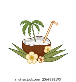 Refreshing coconut drink showcases straw and surrounded by green palm leaves and colorful flowers, capturing the essence of tropical paradise. Isolated vector illustration.