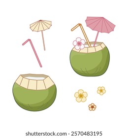 Refreshing coconut drink showcases straw, umbrella and colorful flowers, capturing the essence of tropical paradise. Isolated vector illustration.