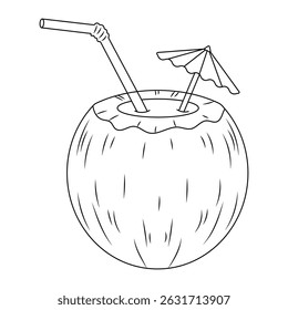 Refrescante bebida de coco com palha e ilustração de guarda-chuva