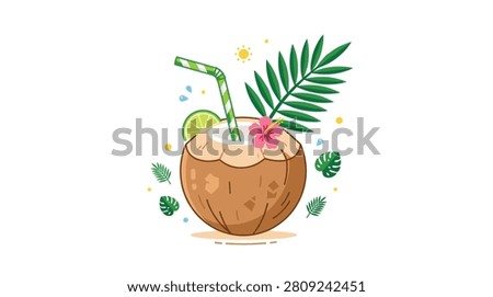 Refreshing Coconut Drink with Tropical Leaves