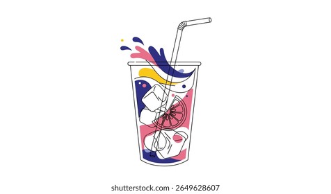Refreshing cold beverage illustration with vibrant colorful splash and ice cubes in a transparent cup with a straw