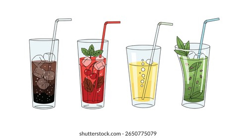 Refreshing cold beverages with ice and straws for a summer day