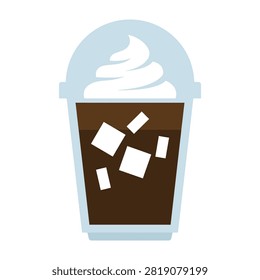 A refreshing cold coffee drink with whipped cream and ice cubes in a cup, perfect for hot summer days or a pick-me-up any time of the year