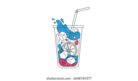 Refreshing cold drink with ice cubes and straw creating splashes of color and fun