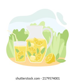 Refreshing Cold Summer Fruit Drink in Glass with Straw and Green Foliage Behind Vector Illustration