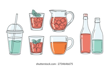 Refreshing collection of cool drinks, featuring various cups, a pitcher, and bottles with ice and mint leaves, perfect for summer hydration.