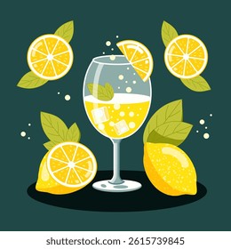 A refreshing cool citrus cocktail with lemon slices and ice in a tall-stemmed glass, illustration suitable for summer menus, postcards, posters, and recipes.