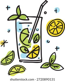 Refrescante bebida refrescante de verano con rodajas de limón, hojas de menta y cubitos de hielo, ilustración dibujada a mano adecuada para conceptos de cóctel de limonada o mojito