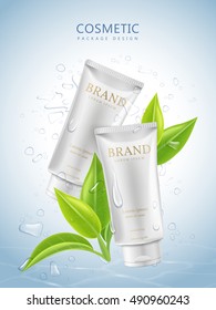 Refreshing cosmetic package design, white tube package template with green leaves and water drops over blue background, 3D illustration