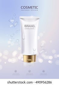 Refreshing cosmetic product poster, blank tube package template with golden lid, bokeh background with glitter polka, 3D illustration