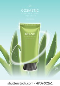 Refreshing cosmetic product poster, green tube package template with aloe elements isolated on blue background, 3D illustration