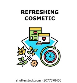 Refrescar el concepto de icono del vector cosmético. Crema Natural Y Loción Mosturizando Y Refrescando Cosmética Para La Piel Sanitaria. Ingredientes De Hierbas Para Preparar La Ilustración De Color De Productos Cosmetológicos