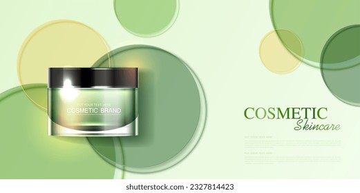 Refrescante de los anuncios de cosméticos o productos para el cuidado de la piel con botellas, banner y productos de belleza, discos de vidrio circulares para la presentación de empaque sobre fondo verde. diseño vectorial.