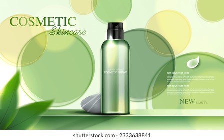 Refreshing cosmetics or skin care product ads with bottle, banner ad for beauty products, circular glass disks for packaging presentation on green background. vector design.