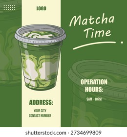 Refrescante y cremoso gráfico publicitario de bebida con café con leche matcha para una cafetería o tienda de té, perfecto para una publicación en redes sociales o material promocional