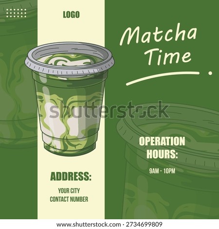 Refreshing creamy matcha latte drink advertisement graphic for a cafe or tea shop, perfect for a social media post or promotional material