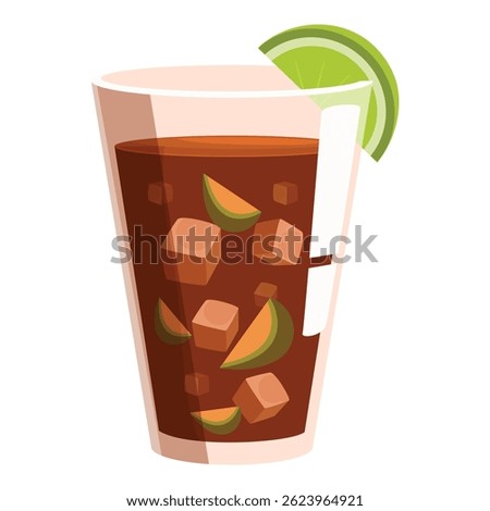 Refreshing cuba libre cocktail featuring rum, cola, lime, and ice cubes, garnished with a lime wedge
