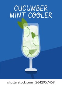 Refreshing cucumber mint drink vector with ice and garnish, shown on a blue background. Great for wellness or summer content.