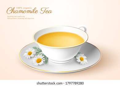 Refreshing cup of tea Chamomile flowers in 3d illustration