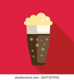 Refreshing dark beer with thick foam in a tall glass standing on a red background