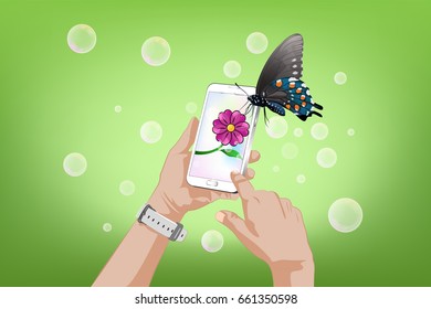 A refreshing day to be fresh concept, Women hold mobile phone open flower on screen and butterfly into it, vector illustration.