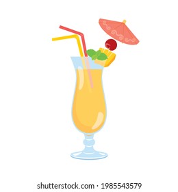 Refreshing Decorated Cocktail Vector. Tropical Pina Colada Cocktail With Drink Umbrella, Cherry, Pineapple, Mint And Straws Vector. Fancy Fresh Summer Drink Vector Icon Isolated On A White Background
