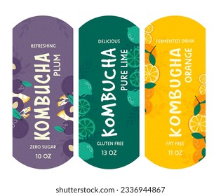 Refreshing and delicious kombucha, isolated labels emblems or package design for summertime beverages. Zero sugar, lime and orange taste, slices and pieces of eco fruits. Vector in flat style