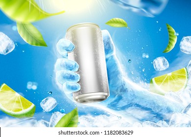 Refreshing drink ads with ice hand grabbing beverage can in 3d illustration, flying lemons, green leaves and ice cubes