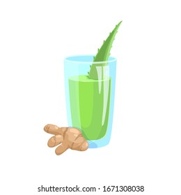 Refreshing drink based on aloe vera and ginger vector icon. Cartoon style illustration. Aloe Vera juice in a glass with aloe stem and ginger, fresh drink for health.