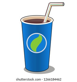 Refreshing drink in a blue paper cup with plastic straw isolated on white background. Vector cartoon close-up illustration.