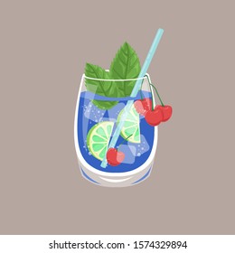 refreshing drink, blue soda with cherries, slice lemon and mint leaves, vector, illustration. 