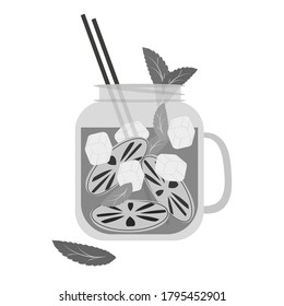 Erfrischende Getränke in Cocktailjar. Cocktail mit Zitrone, Minze und Eis mit Stroh. Schwarze Silhouette auf weißem Hintergrund. Vektorgrafik.