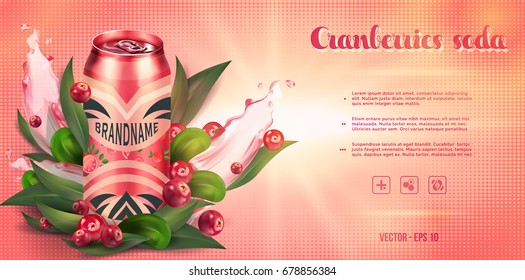 Refreshing drink with cranberries and tea leaves; soda contained in metallic cans. Decorated with cranberries leaves and juice splash elements on soft background.