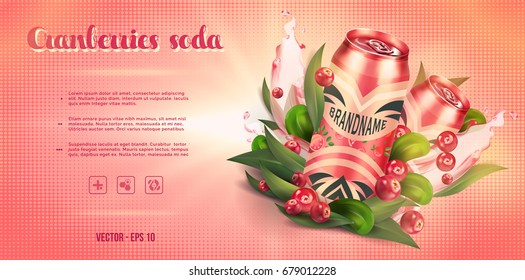 Refreshing drink with cranberries and tea leaves; soda contained in metallic cans. Decorated with cranberries leaves and juice splash elements on soft background.