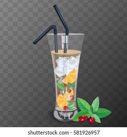 Refreshing drink with cranberry, orange and mint vector illustration.