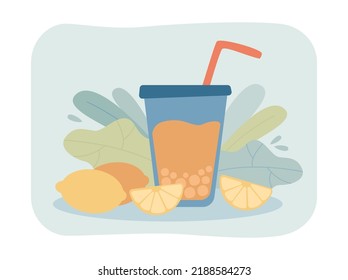 Refreshing drink in cup with straw and slices of lemon. Bubble tea or boba with citrus fruit flat vector illustration. Summer, refreshment, beverage concept for banner, website design or landing