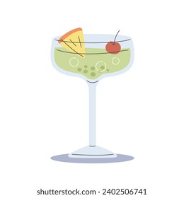 Refreshing drink decorate with fruits, pineapple and cherry in cocktail glass. Flat cartoon style vector illustration isolated on white background