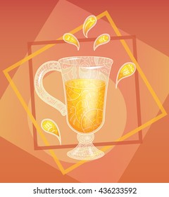 Refreshing drink in frame in zentangle style colored. Glass of cold tea, lemonade, juice, cocktail, etc. Vector illustration. Zen doodle. Design element.