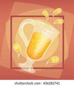 Refreshing drink with frame in zentangle style colored. Glass of cold tea, lemonade, juice, cocktail, etc. Vector illustration. Zen doodle. Design element. For signboards, flyers, decoration, menu.