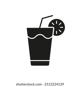 Refreshing Drink Glass With Lemon And Straw Silhouette Icon. Healthy Beverage, Hydration, Fresh Drink. Isolated Vector Illustration.