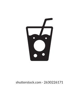 Refreshing drink in a glass with a straw.Simple, black and white icon of a glass of fizzy drink with a straw.
